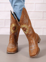 Vintage Embroidered Block Heel Mid-Calf Boots