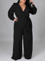 V Neck Solid Color Tie Up Jumpsuits