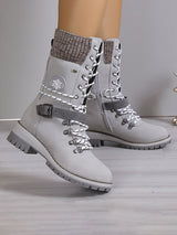 Knitted Splicing Lace Up Side Zipper Boots