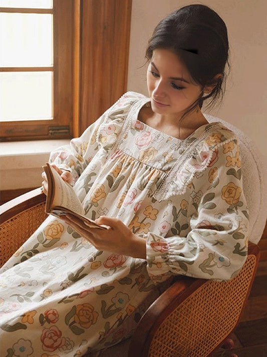 Long Sleeve Lace Trim Printed Nightgown