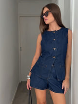 Denim Button Up Top & Shorts Set
