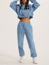 Thick Plush Hoodies Solid Short Top & Long Pants Set