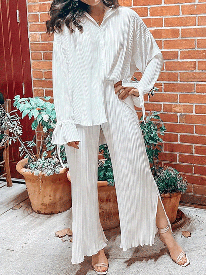 Solid Color Pleated Long Sleeve Shirt Set