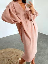 V Neck Pleated Lantern Sleeve Nightdress