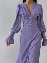 Lantern Sleeve V Neck Button Decor Dress