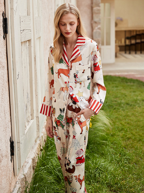 Satin Cartoon Print Long Sleeve Pajama Set