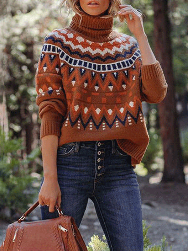 Turtleneck Color Block Knitted Pullover Sweater