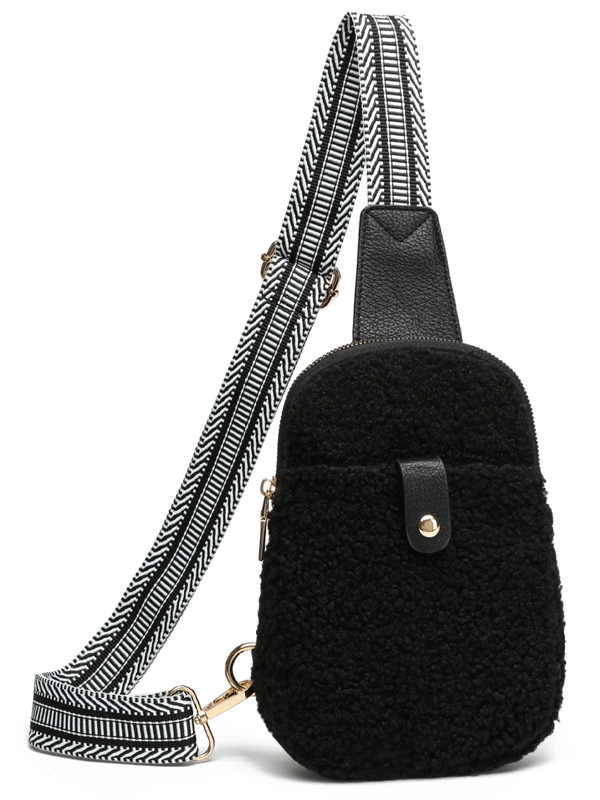 Trendy Solid Color Plush Zipper Sling Bag