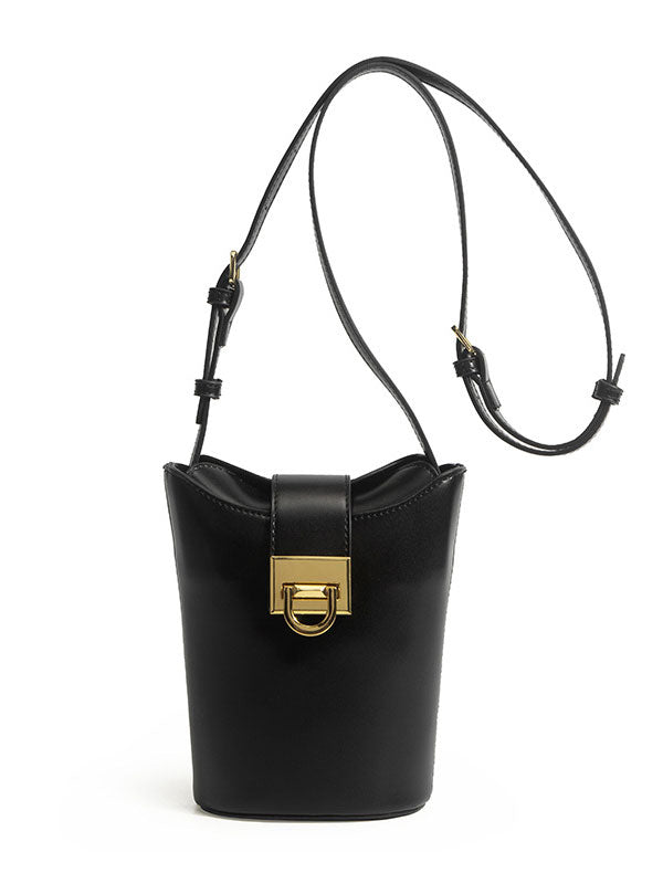 Black Leather Bucket Shoulder Bag