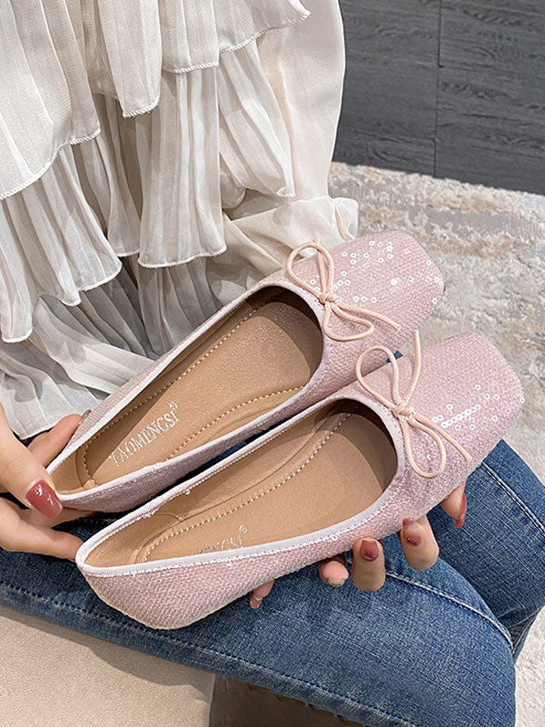 Square Toe Sequin Bow Flat Ballet Flats