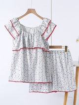 Strawberry Plaid Ruffle Sleeve Pajama Set