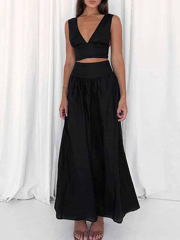 V Neck Top & High Waist Skirt Set