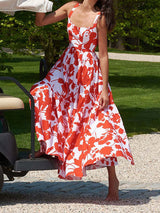 Sleeveless Red Flowers Print Maxi Dress