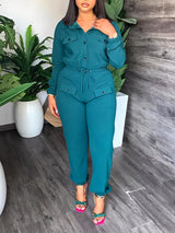 Solid Color Lapel Tie Up Long Sleeve Jumpsuits