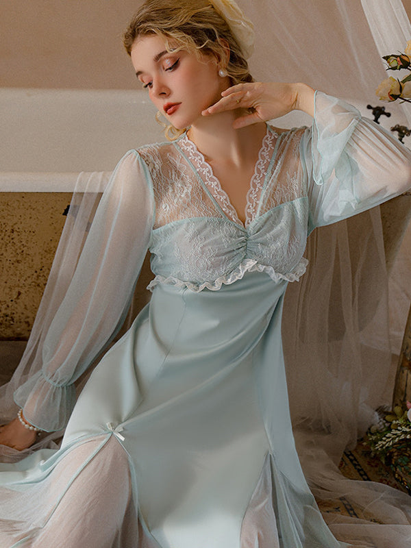 Satin Lace Mesh Sleeve Nightgown
