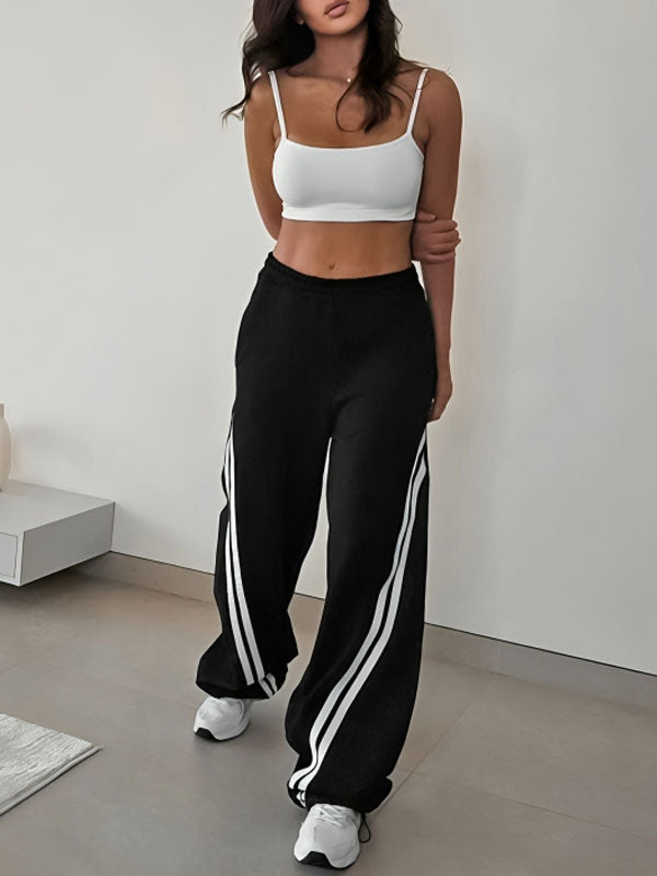 Striped Wide Leg Black Trousers Pants