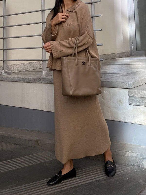 V Neck Sweater & Knit Long Skirt Set