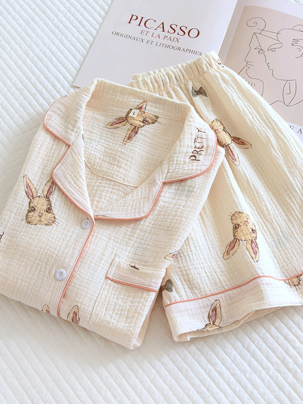 Short Sleeve Bunny Print Cotton Pajamas