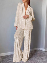 Solid Color Velvet Jacket & Wide Leg Pant Set