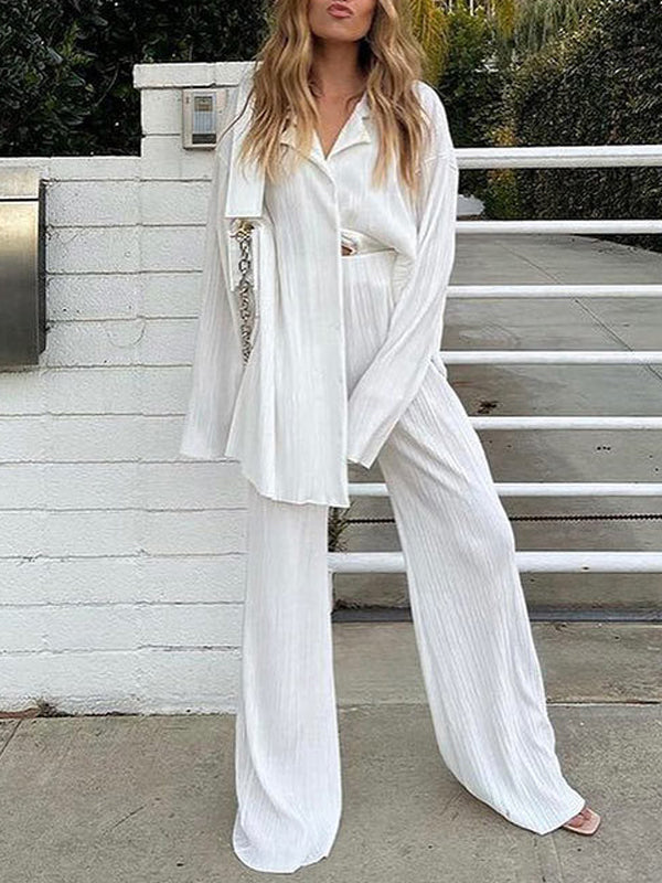 Two Piece Pleated Loose Shirt Wide Leg Pants Set
