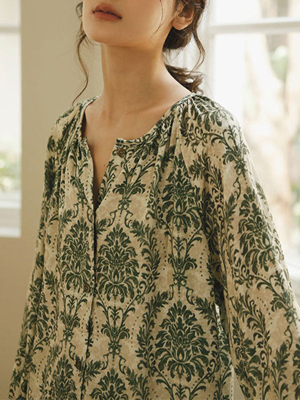 Plant Print Cotton V Neck Pajama Set