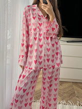 Heart Printed Loose Long Sleeve Pajama Set