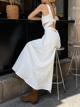 Backless Lace Up Hollow Out White Midi Dress