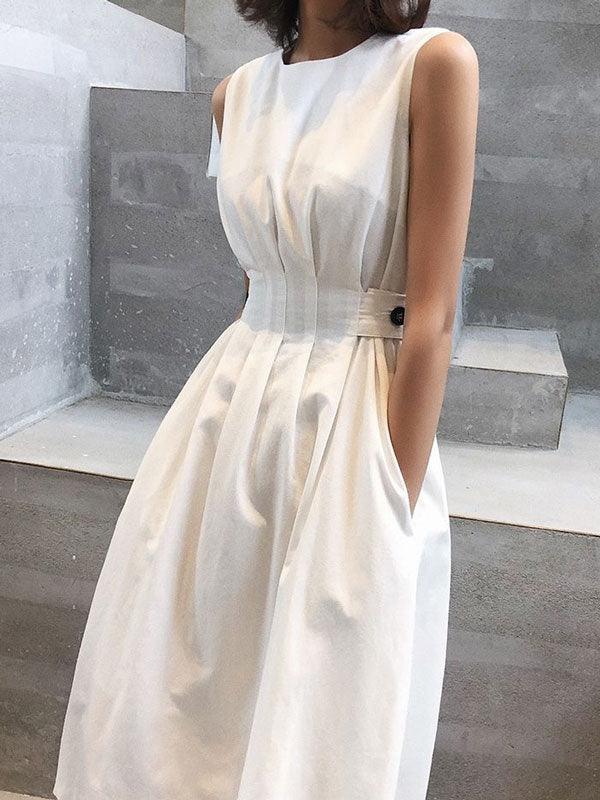 Sleeveless Cinched Waist White Midi Dress