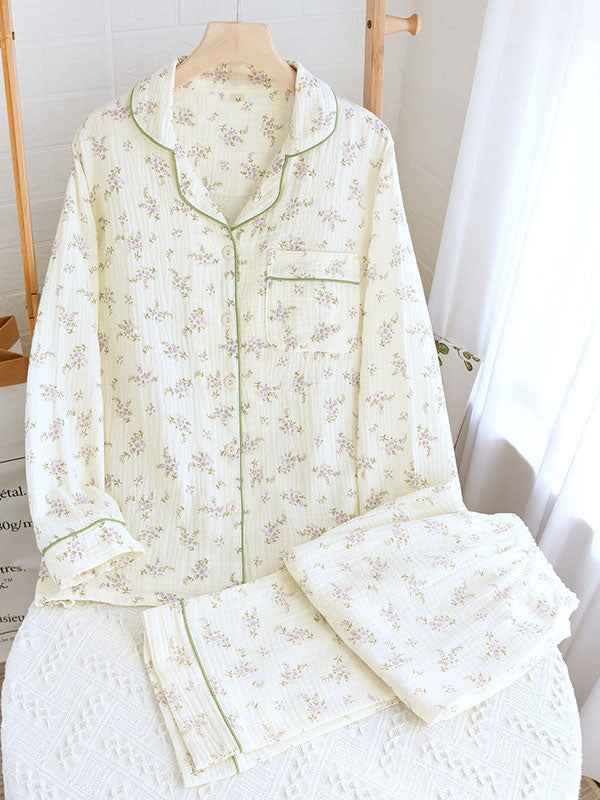 Long Sleeve Cotton Lapel Floral Print Pajamas