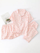 3Pcs Summer Pink Heart Print Pajamas Set