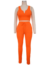 Solid Color V Neck Vest & Long Pant Set