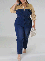 Demin Color Block Long Sleeve Jumpsuit