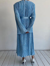 Long Sleeve Blue Pleated Midi Dress