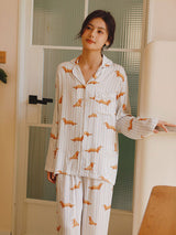 Dachshund Print Long Sleeve Striped Pajamas