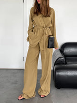 Solid Color Tie Up Blazer & Long Pant Set