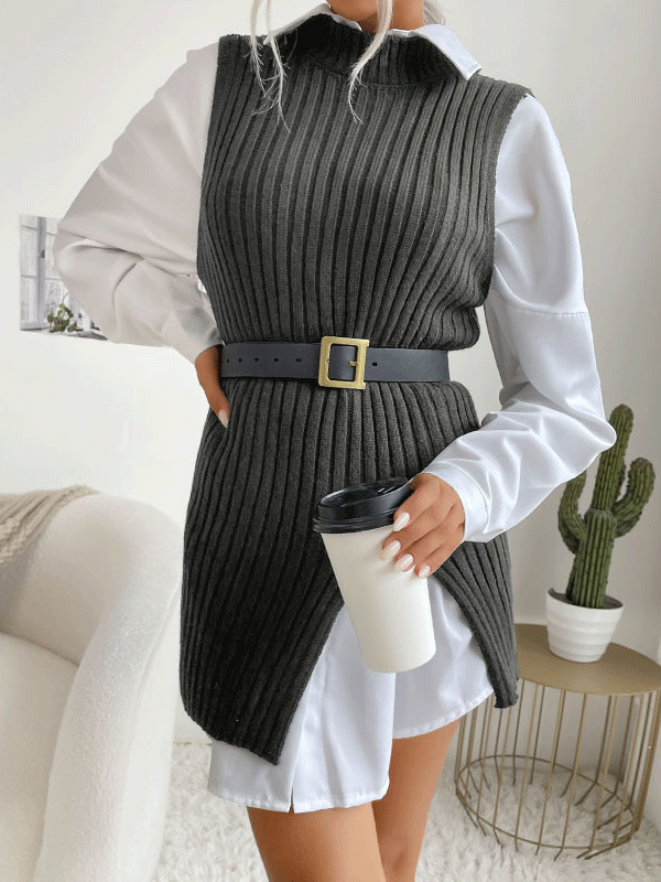 Slit Hem Mock Neck Sweater Vest