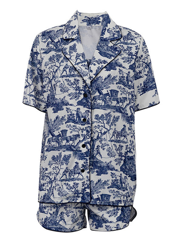 3 Pieces Print Short Sleeve Shirt & Shorts Set