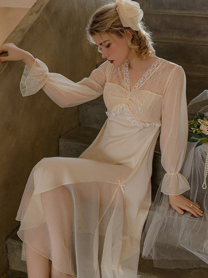 Satin Lace Mesh Sleeve Nightgown
