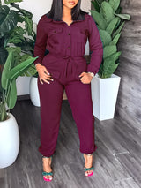 Solid Color Lapel Tie Up Long Sleeve Jumpsuits