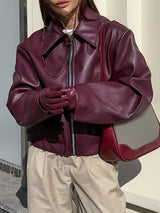 Wine Red Zipper Faux Leather Jacket