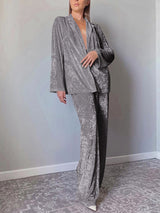 Solid Color Velvet Jacket & Wide Leg Pant Set