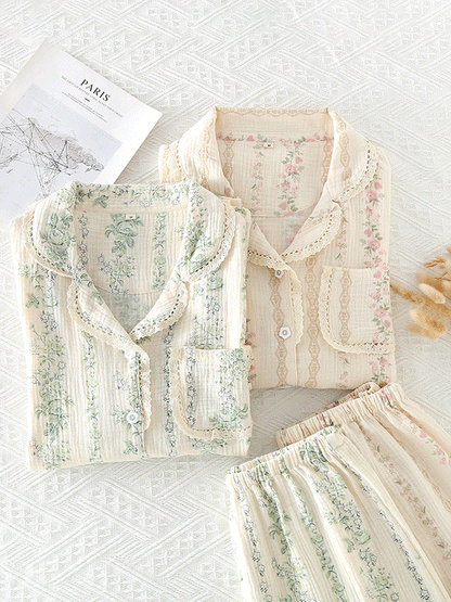 Floral Print Lace Trim Pajama Set