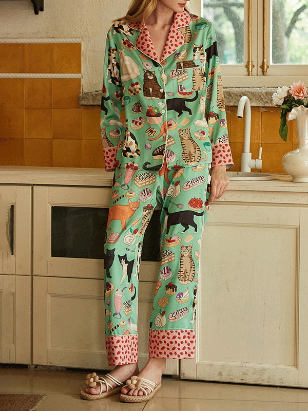 Coffee Cat Print Long Sleeve Pajama Set