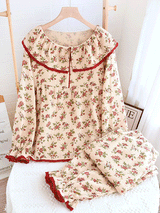 Long Sleeve Round Neck Lace Trim Pajama Set