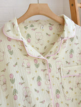 Bear Floral Printed Cotton Pajama Set