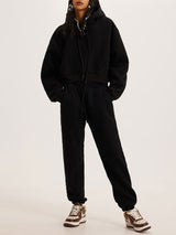 Thick Plush Hoodies Solid Short Top & Long Pants Set