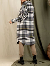 Lapel Pocket Patch Long Plaid Shirt Jacket