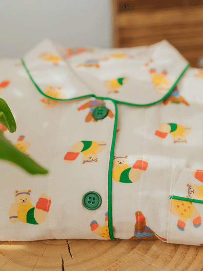 Long Sleeve Cotton Bear Print Crepe Pajama Set