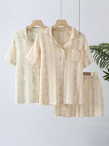 Lace Trim Floral Short Sleeve Pajamas