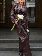 Solid PU Leather Belted Trench Coat & Long Pants Set